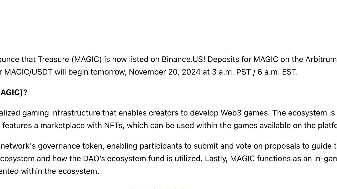 Treasure (MAGIC) Binance.US’te Listeleniyor!